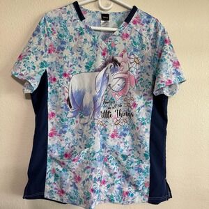 Disney Tooniforms Scrubs Top Womens XL Eeyore & Piglet Print Floral Short Sleeve